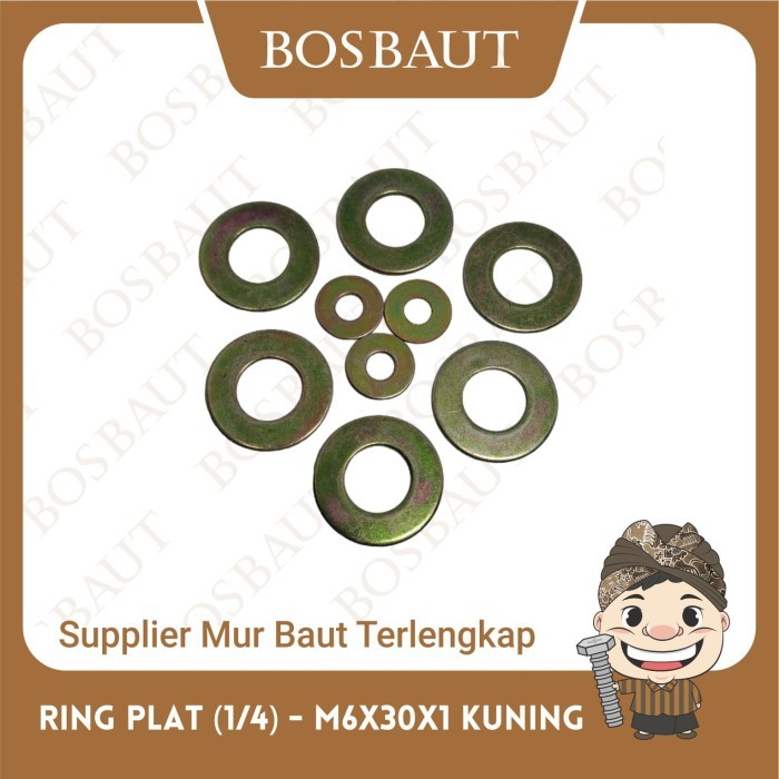 Ring Plat / Flat Washer Besi M6x30x1 Kuning - Ring Plat M6