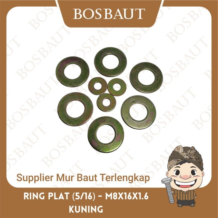 Ring Plat / Flat Washer Besi M8x16x1.6 Kuning - Ring Plat M8