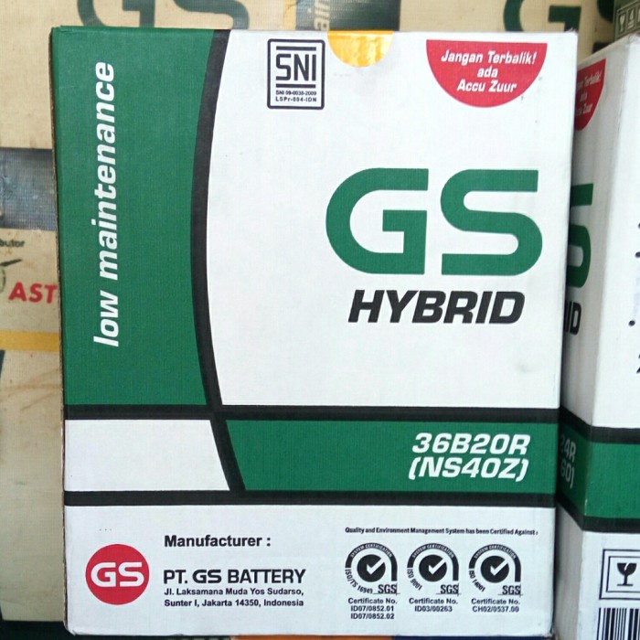 Aki Accu Basah Mobil Suzuki Carry Apv Splash, Gs Hybrid Ns40Z 35 Ah Kode Br03