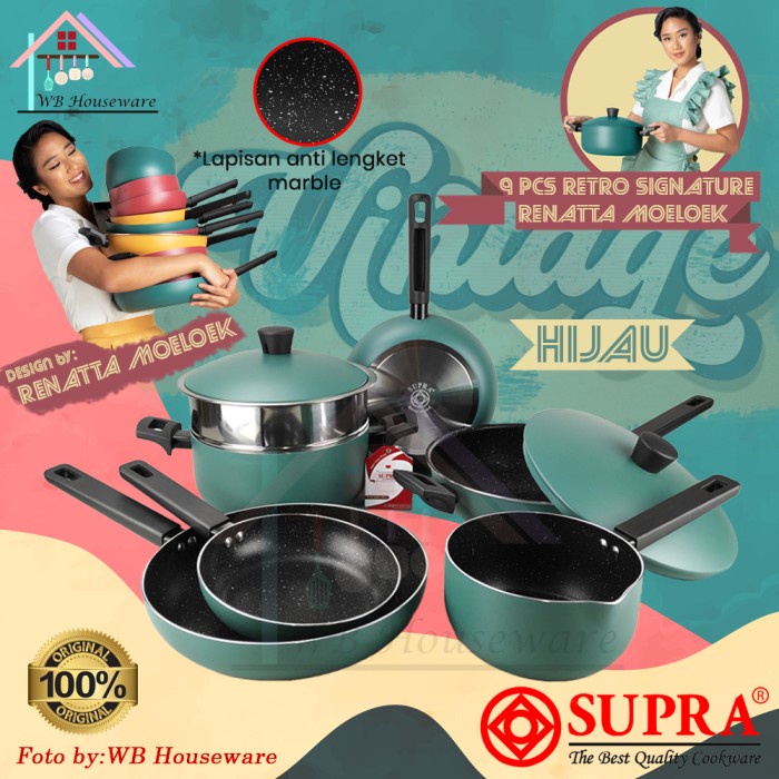 Alat Masak Supra 9Pcs Cookware Set Retro Hijau / Panci Set Anti Lengket