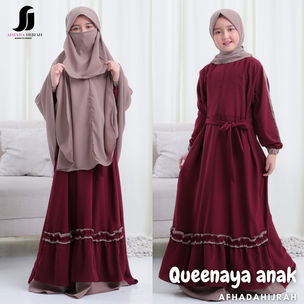 Afhadahijrah - Gamis anak perempuan set cadar poni niqab arab QUEENAYA mocca maroon terbaru baju dan