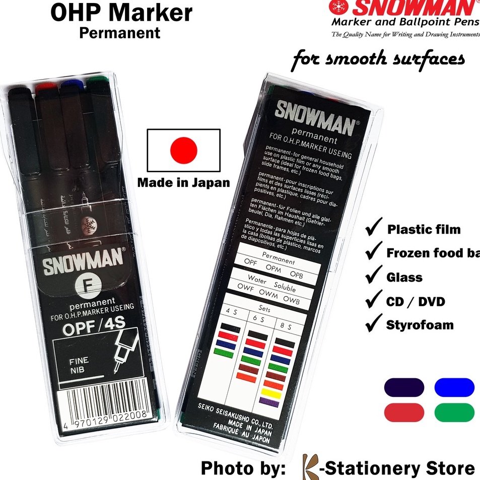 

☈Ready VTN9O Snowman Spidol OHP Permanent Set – 4 colours – MEDIUM or FINE size – untuk Plastik, Kaca, Styrofoam, Overhead Projector, dll. – Spidol Jepang R86 ✵Pasti Murah