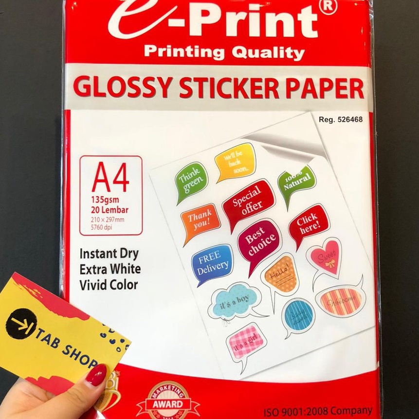 

(L-L❣♪P) TAB SHOP - EPRINT KERTAS STIKER MENGKILAP A4 135 GSM - E-PRINT GLOSSY STICKER PHOTO PAPER A4 135 GSM 20 SHEETS/ top.prooduk.!!