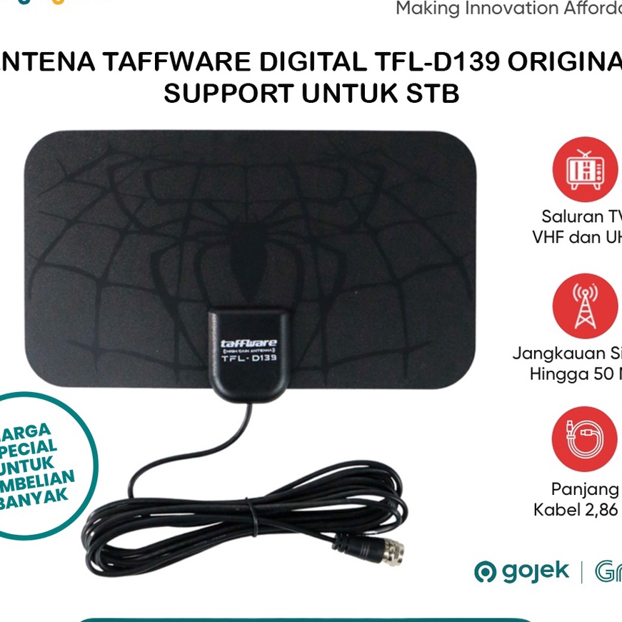 (LT-➸B☼] Antena TV Digital Taffware TFL D139 Booster Original STB High Gain 25-dB Indoor Kabel 3 Meter VHF UHF Channel Support Set Top Box Universal / top.prooduk.