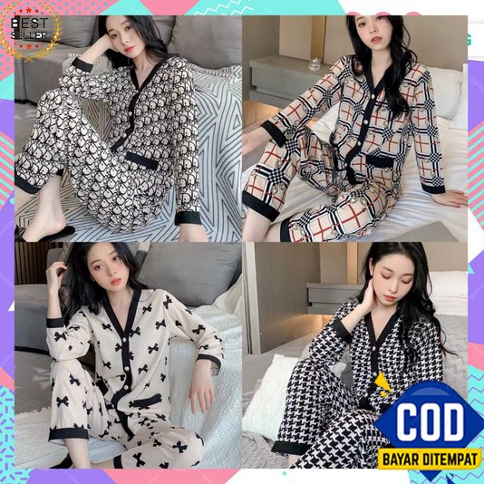 Piyama Wanita Lengan Panjang Dewasa 2023 Pendek Korean Style Sleepwear Kemeja Piama Korea 2022 Polos