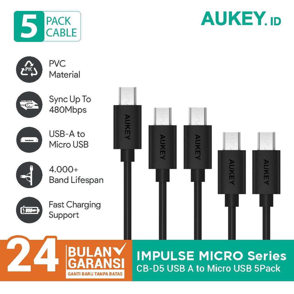 Jaminan Asli Aukey Cable Micro Usb 2.0 (5Pcs) - 500256
