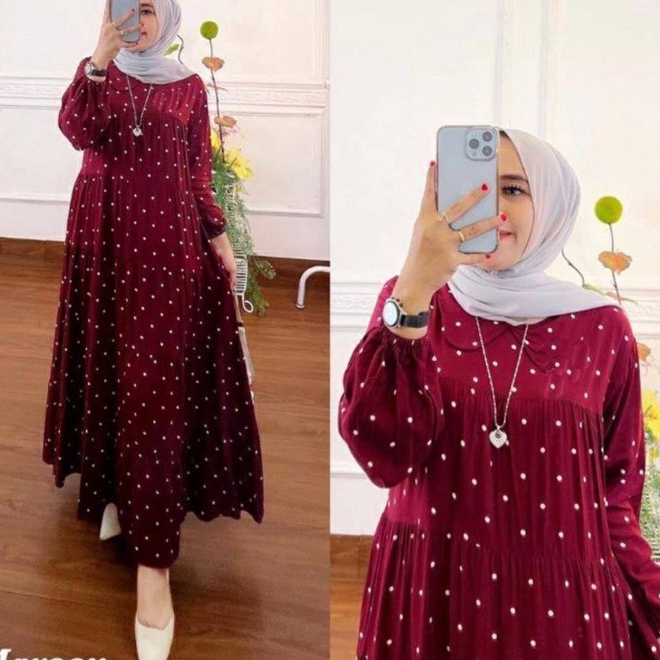 ➥❇❋ Gamis Wanita Jumbo Bahan Rayon Midi Dress Muslim Motif Polkadot Diskon