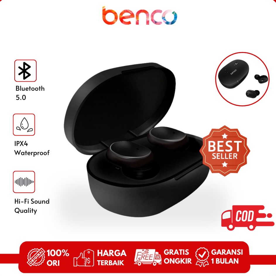 ¯ GROSIR BENCO TWS Headset Bluetooth 5.0 HD Earphone Wireless Touch IPX4 Anti Air dapat Case Chargin