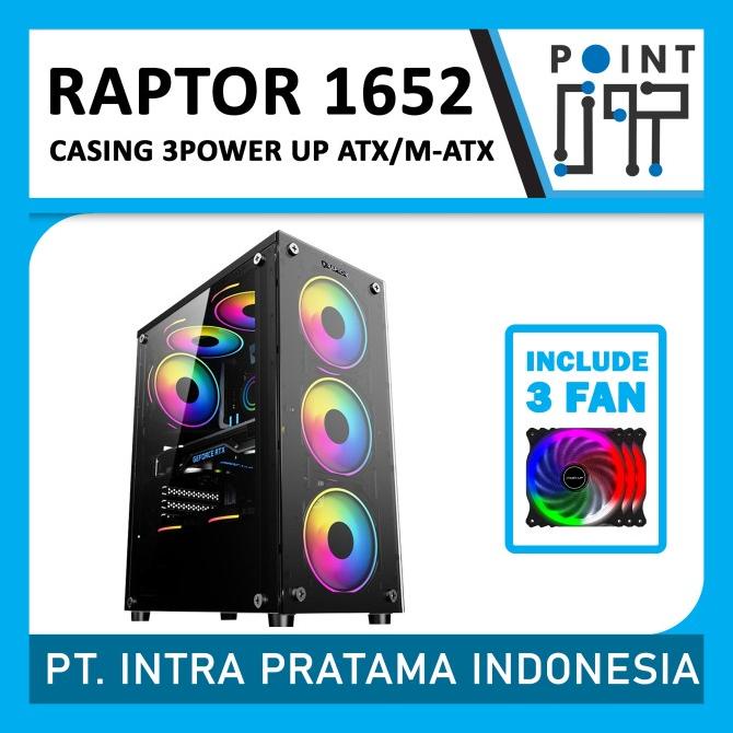 Casing Pc Gaming Power Up Raptor 1652 With 3 Fan Led Atx Gaming Case