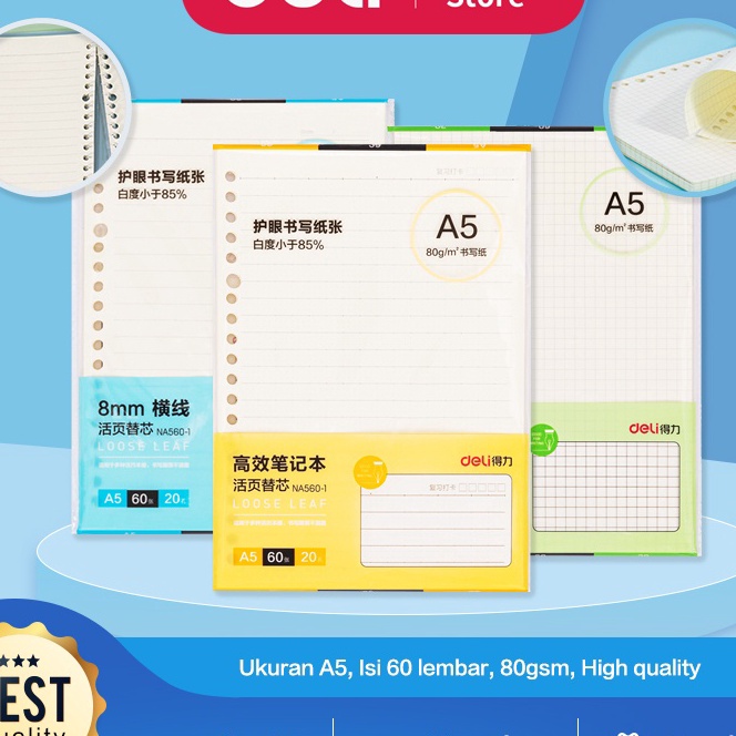 

[V-L㊚✔P) Deli Notebook Refill / Kertas Isi Ulang Binder A5 isi 60 lembar 80GSM NA560-1- top.produks..