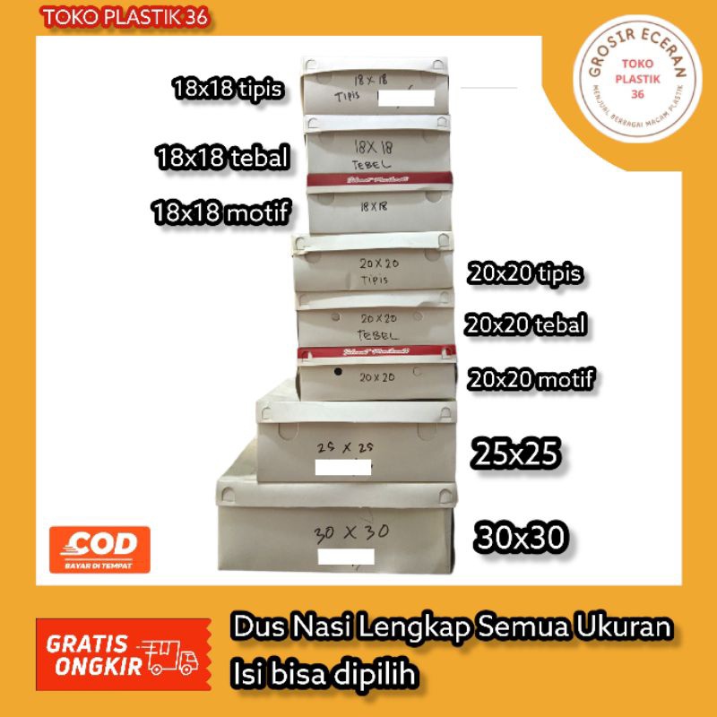 

Dus Nasi Lengkap Semua Ukuran Isi Bisa Dipilih - Ukuran 18X18 Tipis - 18X18 Tebal - 18X18 Motif -