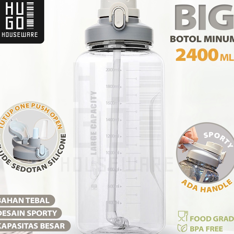 Terlaris HUGO Botol Minum 2,4 Liter Jumbo Besar Anti Bocor Food Grade Tempat Air Minum 2400 ml.
