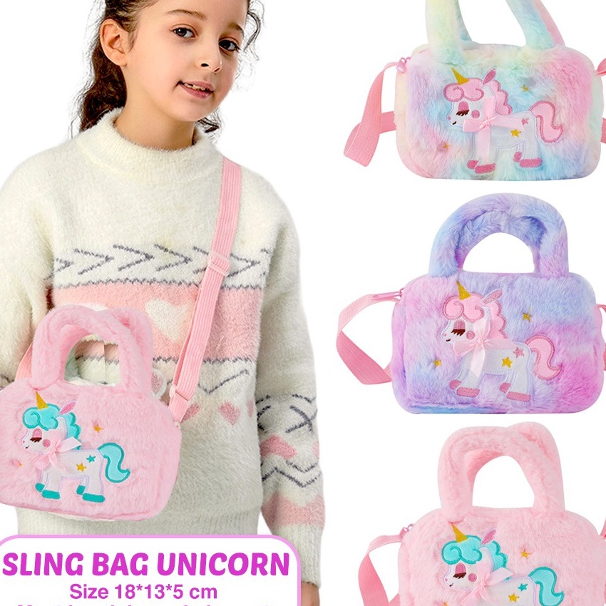 (G/✪3L✮] Tas Selempang Anak Perempuan Unicorn Bulu Sling Bag Bulu Unicorn Persegi Anak Paud Tk Ori I