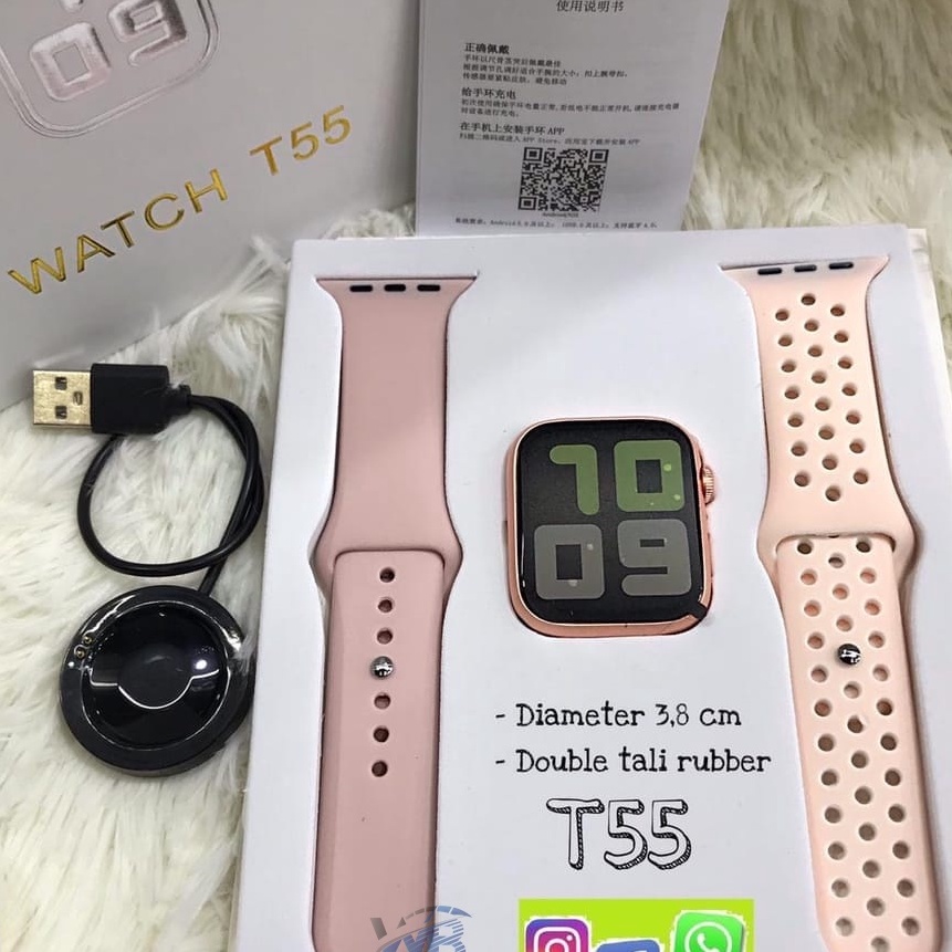 [Z56✮] 100%ORI COD JAM TANGAN Smartwatch T55 T500 DAPAT 2 TALI bisa telepon Bluetooth ganti wallpape
