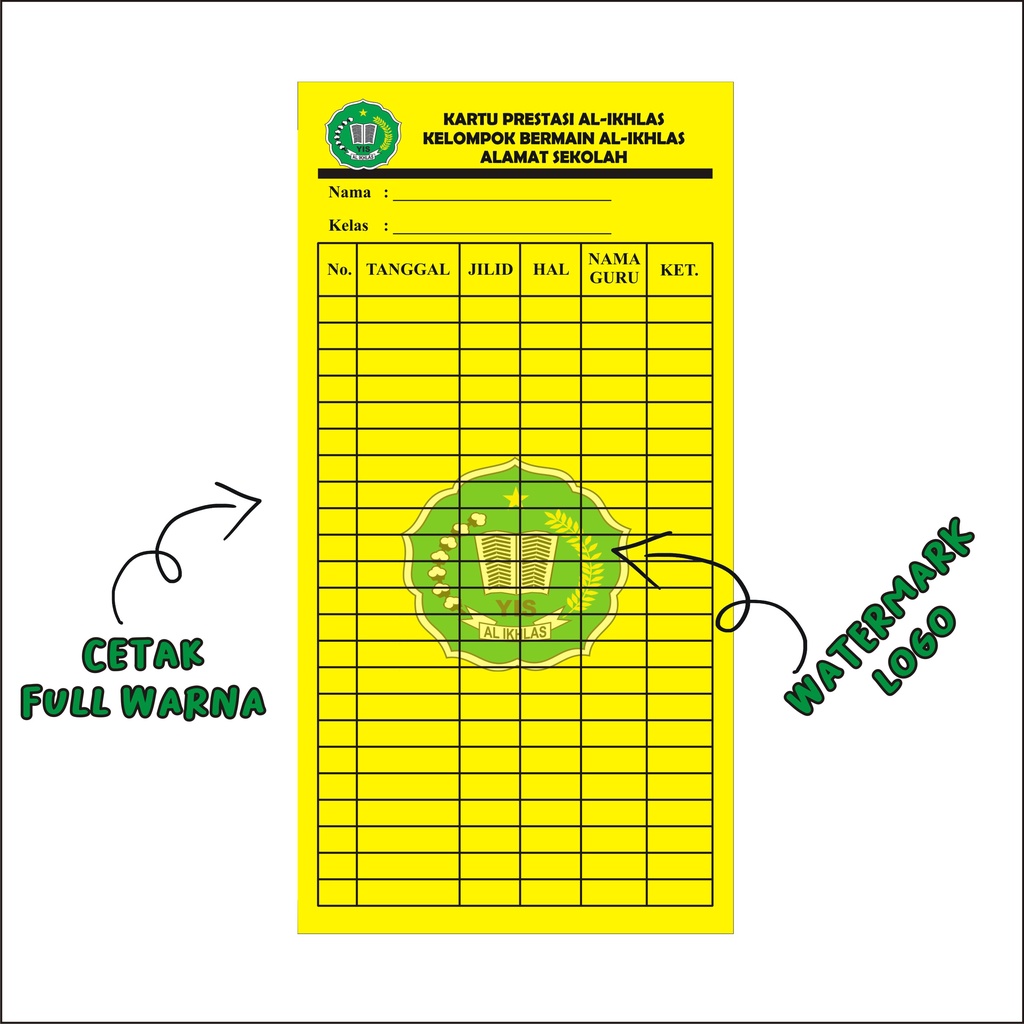 

kartu prestasi PAUD/TPQ costum/kartu kontrol ngaji/kartu kontrol hafalan al-qur'an