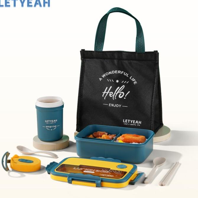 letyeah 1L Lunch box set kotak makan dengan mangkuk sup+tas bekal