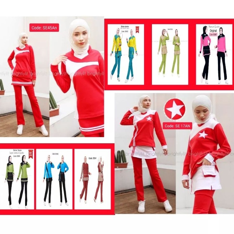 ` Cy baju senam merah putih setelan senam muslim pakaian senam aerobic muslimah baju zumba wanita pa