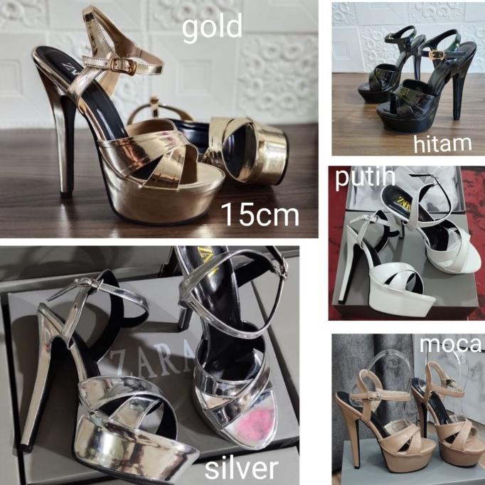 Sepatu ZA RA Heels 15cm - High Heels Pesta Gold Hitam Fashion AC01