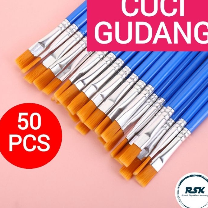 

(H44➲] 50 Pcs Kuas Flat / Round Kuas Lukis Paint By Number Kuas Lukis Sterofoam Kuas Cat Air Koas Acrylic Kuas Nylon Import.!!