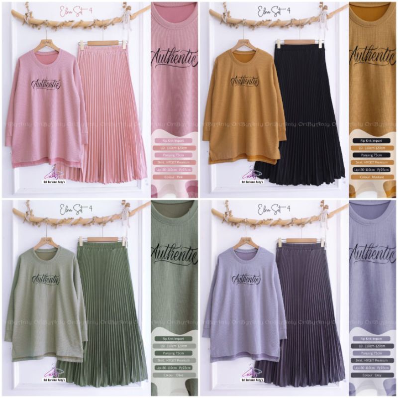 ELNA SET/ SETELAN TUNIK POLOS ROK PLISKET ORI ANTY