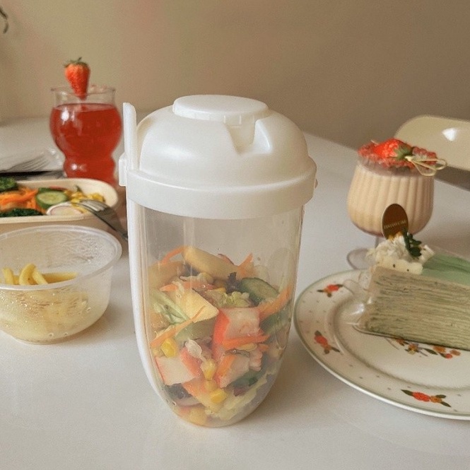 RECOMENDED DFANCCIE Kotak Makan Buah Sayur Salad + Garpu / Gelas Plastik Salad Bening