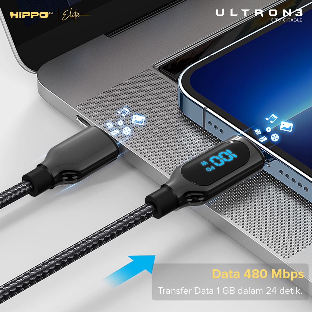 Hippo Kabel Data Super Fast Charging Ultron 3 Type C to Type C 5A 100 W 120 CM Quick Charge 3.0 Quick Charging Data Cable Android Braided Casan Handphone LED Indicator-4
