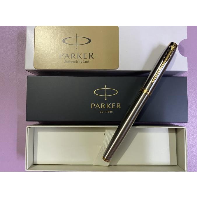 

+%+%+%] Pulpen Parker Im New Original Roller Ball Brushed Metal Gold Trim