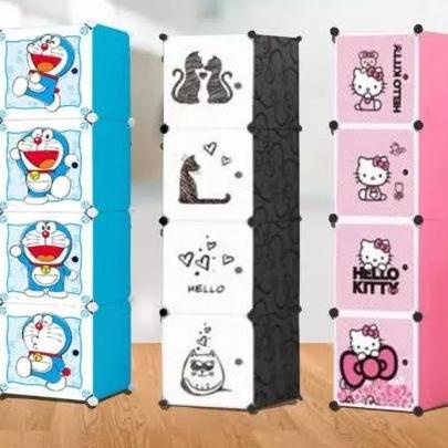 yang dicari] Lemari Pakaian Plastik Susun 4 Pintu Rak Baju Motif Kartun Serbaguna