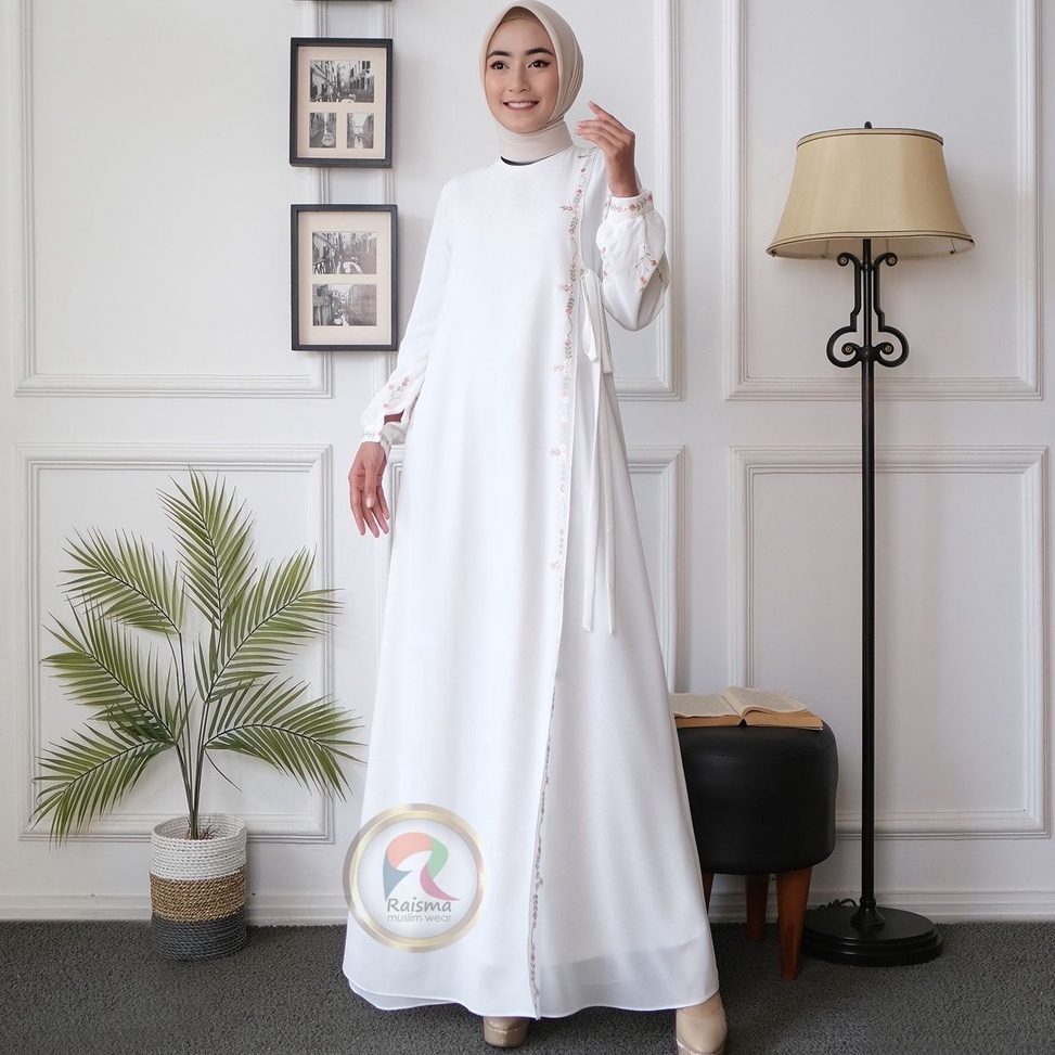 Paling Dicari.. Raisma Gamis Putih Tulang Mewah Dan Elegan Model Verslah Kombinasi Bordir cantik Bus