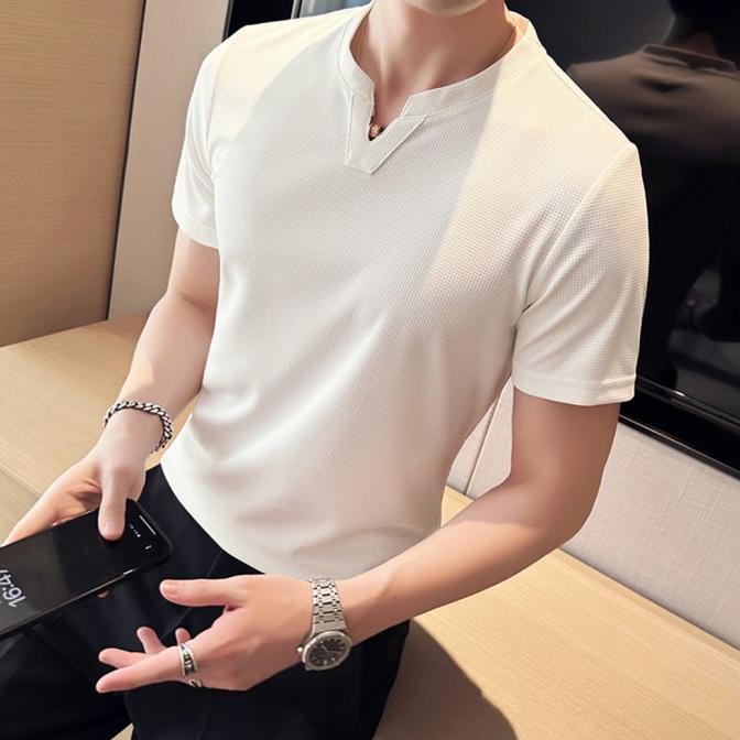 Kaos Kerah V Neck Pria Polos Basic Warna Putih Waffle Bahan Knit Uniql