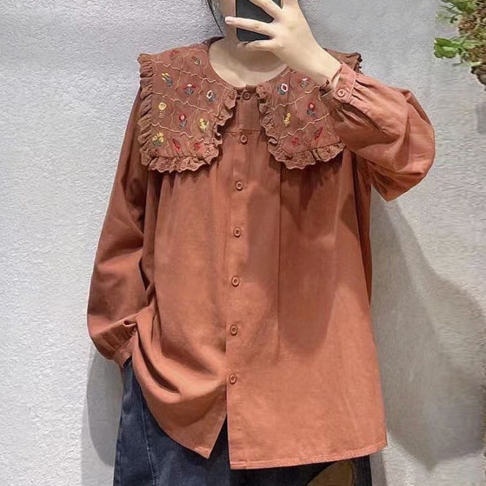 BLUS KATUN RAYON COKLAT KREM HITAM OVERSIZE KERAH COLLAR LEBAR BORDIR