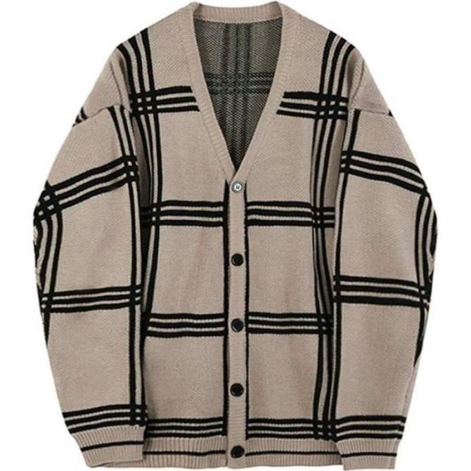 Cardigan Rajut Pria Big size Knit Oversize Motif Kotak Garis