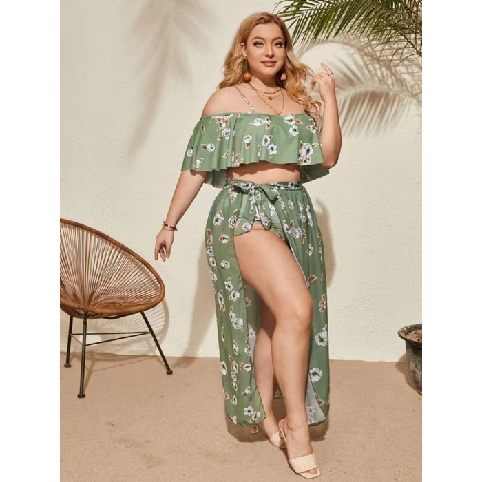 Terlaris Bikini Import Wanita 3Pcs Rok Lace Hijau Bunga Sabrina Jumbo Big Size