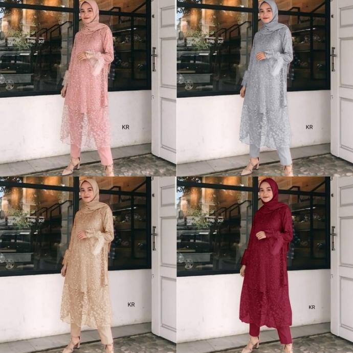 Setelan Celana Wanita Stelan Tunik Brukat Brokat Tile Kondangan Modern