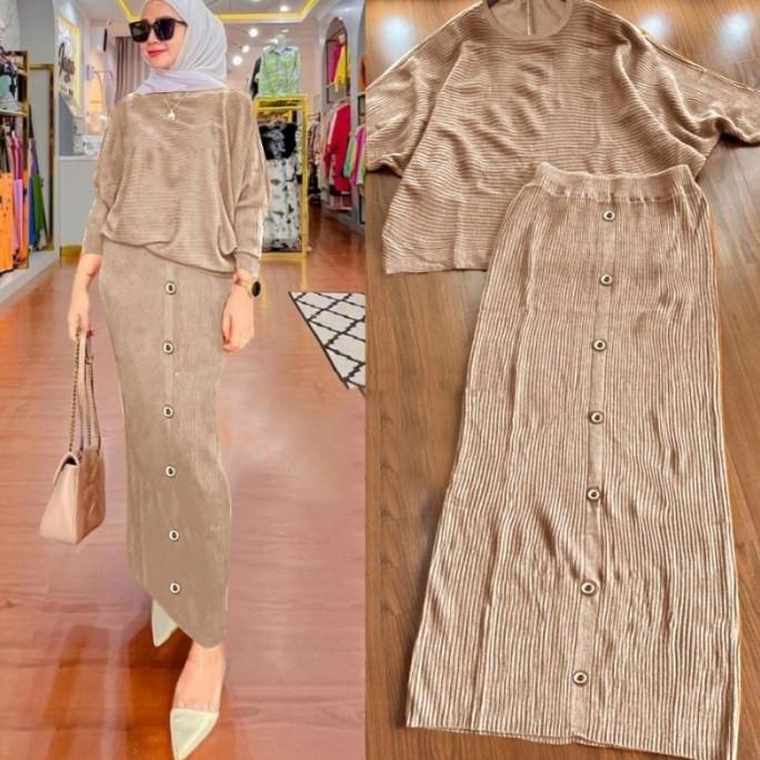 BAJU SETELAN WANITA MUSLIM BAHAN MANGO KNIT IMPORT 2022 ROK MAHARANI