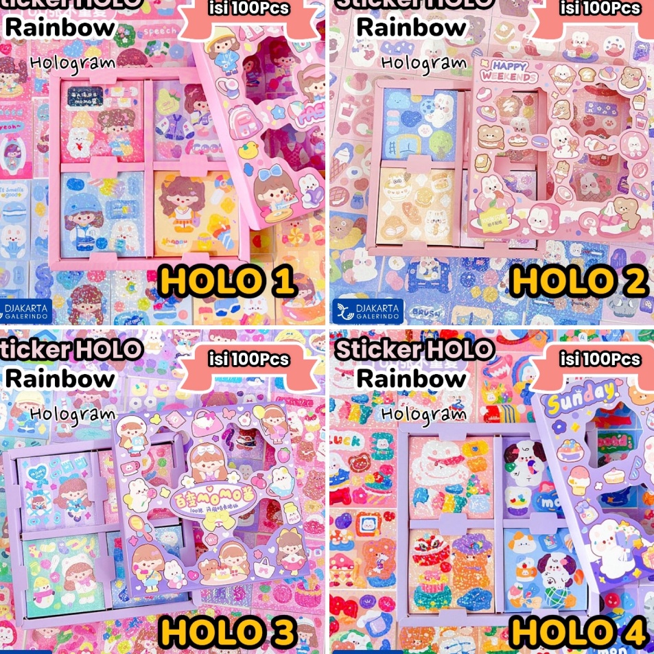 

RTQT1219 Sticker MOMO Hologram Glitter Rainbow Mix Warna Original waterproof Stiker Kartun Korea Anti Air Original isi 100pcs