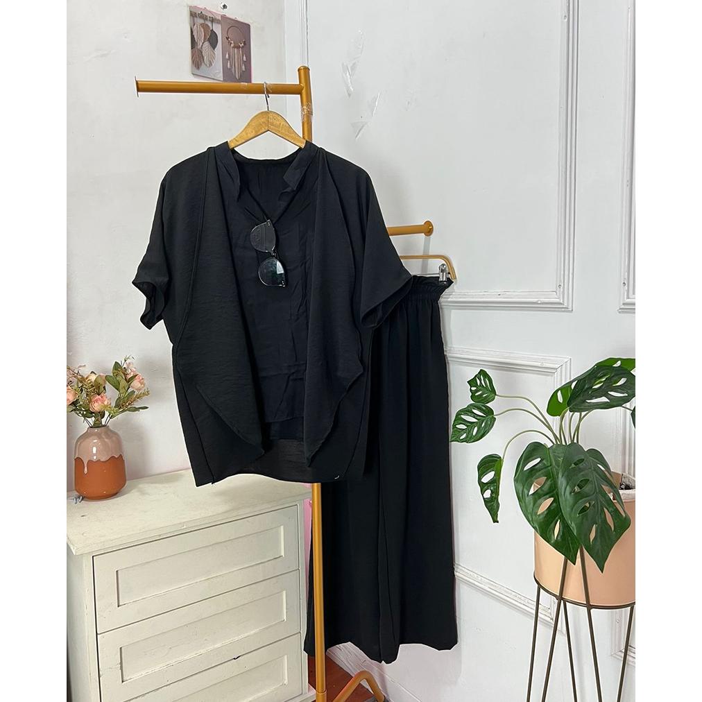 Baju Set Polos Baju One Set Outer Wanita Jumbo Lengan Pendek Crinkle Premium Polos Setcel Celana Kul