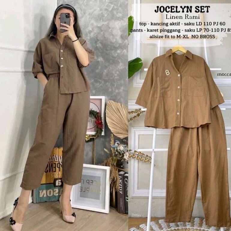 Satu Set Polos Wanita Jocelyn Set / Setalan Wanitta Bahan Katun Linen Rami / One Set Baju Dan Celana