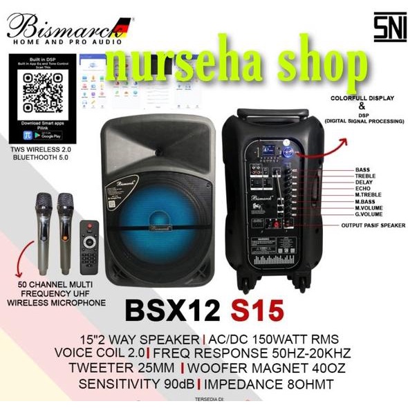 DISKON Speaker aktif portable karaoke bluetooth BISMARCK BSX12 S15 (15 inch) original garansi resmi