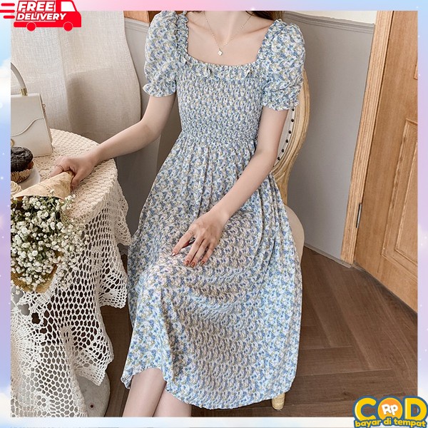 Sress Cewek Kekinian Gaun Musim Panas Kasual Baru Lengan Dress Midi Remaja Baju Kondangan Korean Sty