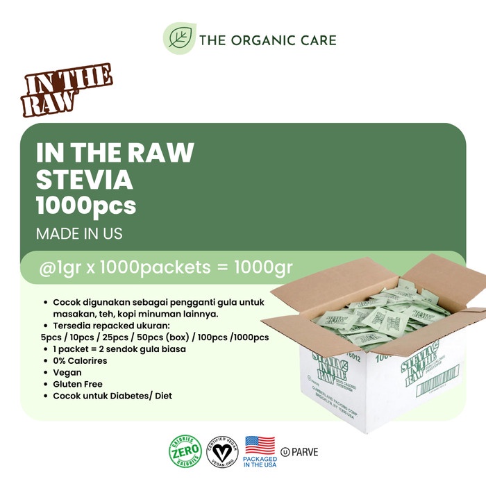 

STEVIA In The Raw - VEGAN - pengganti gula - @ 1000 sachet - dari USA