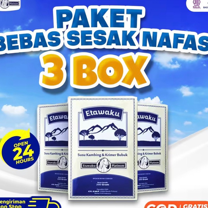 

Serba Murah PAKET 3 BOX ETAWAKU PLATINUM - Susu Kambing Etawa Provit Solusi Atasi Masalah Gangguan Pernapasan / Asma / Lutut Sakit Tulang Stock Banyak