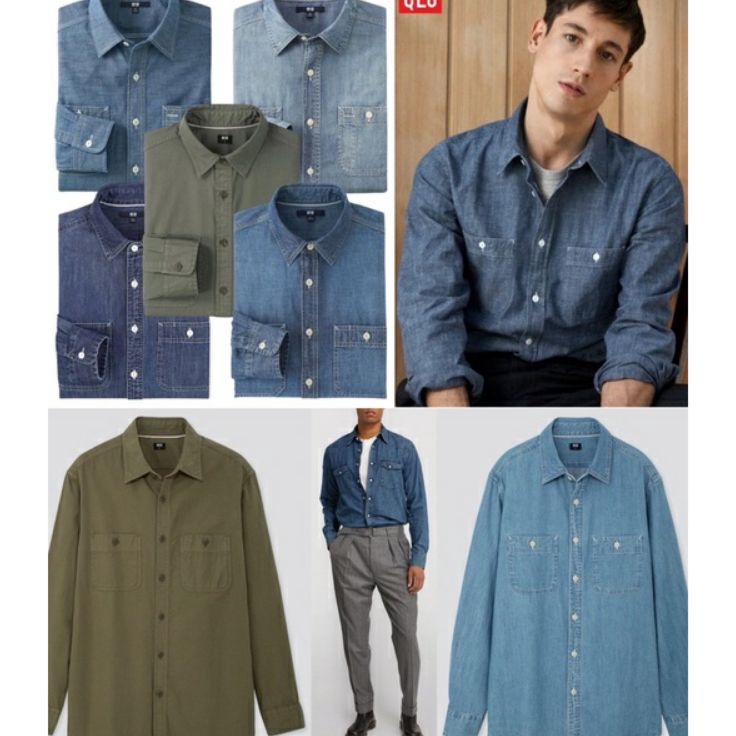 %Y$T✿ KEMEJA PRIA DENIM UNIQLO MEN CHAMBRAY LONG-SLEEVE SHIRT U8VH]