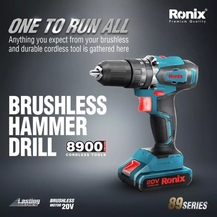 Ronix Cordless Impact Drill 20V, 45N.M-Brushless Series 8900 Unit Only Mesin