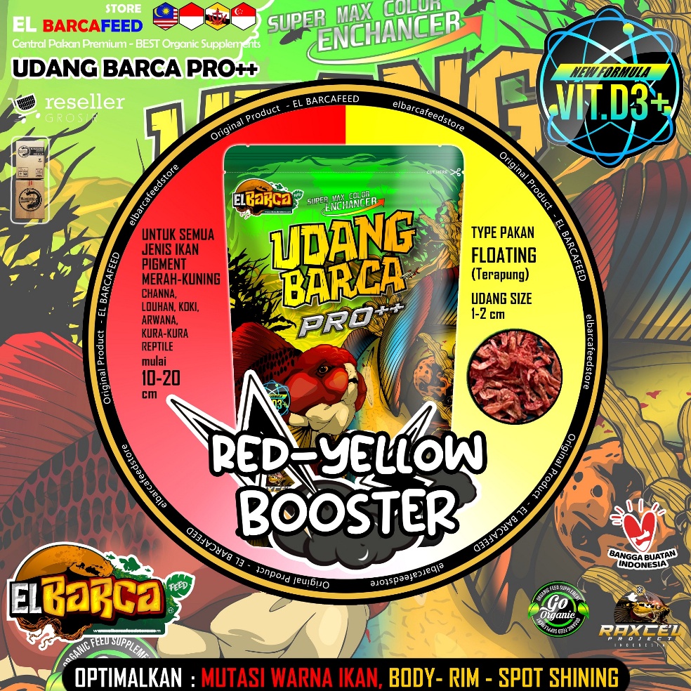 Buru4n Beli PAKAN IKAN UDANG BARCA PRO++ SUPER RED-YELLOW UDANG KERING optimalkan mutasi warna cocok untuk ikan 10-20 cm Channa Maru Red/Yellow, Asiatica RS, Limbata, Arwana, Louhan, Oscar dll [204]