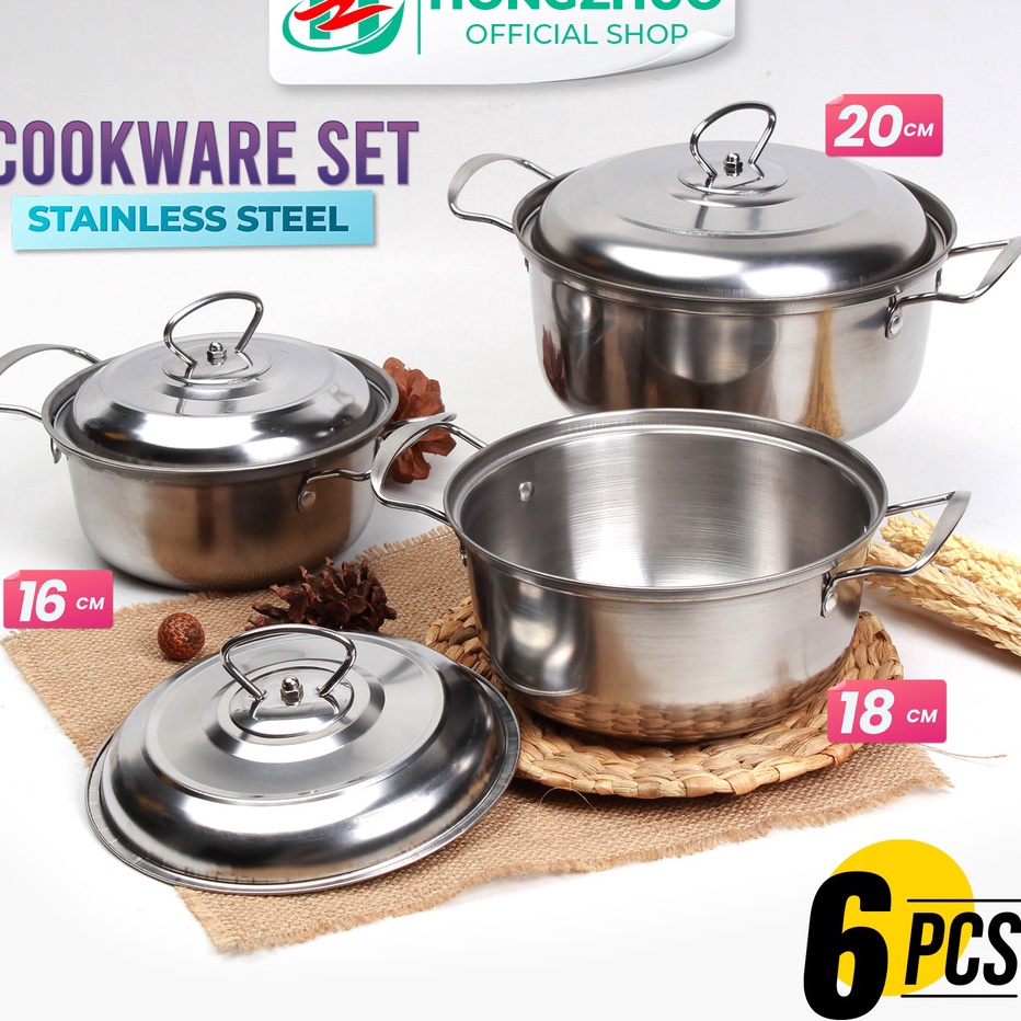 Ready Hongzhuo Panci Set 6in1 Stainless Steel / Rebus / Goreng Dengan Tutup Panci Ready