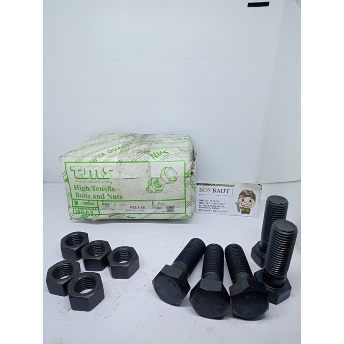 Baut Mur Baja M22X65 P2.5 Hitam (Kunci 32 )