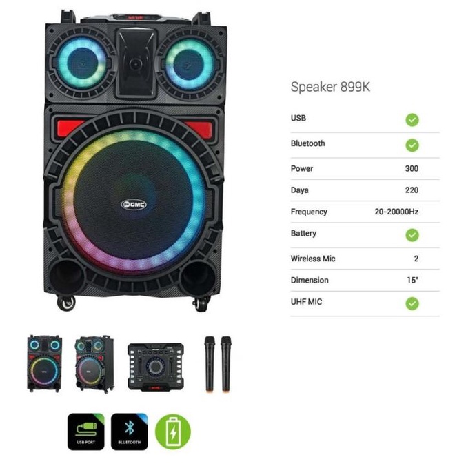SPEAKER GMC 899K BT 15inch + 2 MIC WIRELESS