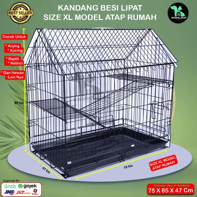 KANDANG KUCING 2 TINGKAT MODEL ATAP RUMAH BESI TEBAL LIPAT SIZE XL