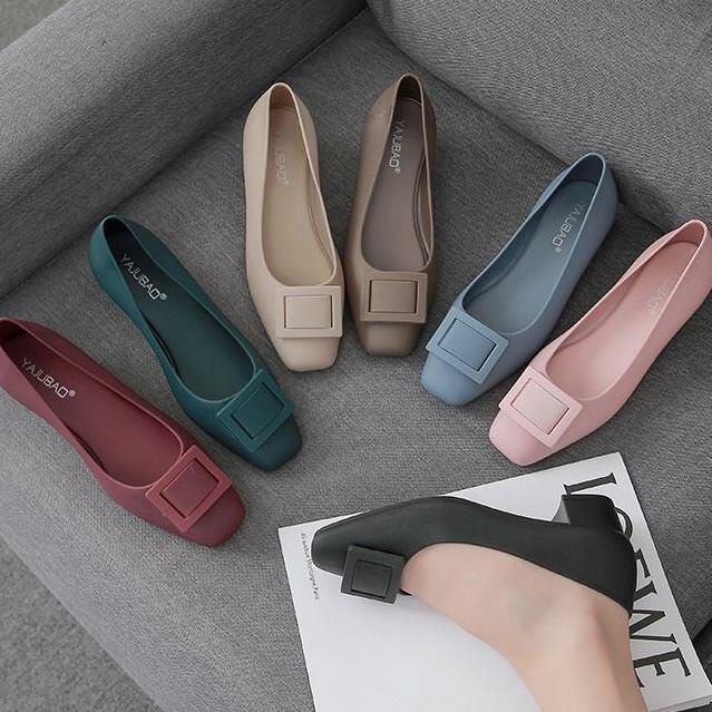 READY STOK Sepatu Flat Shoes Wanita Hak Import Sepatu Wedges Hak Bahan Jelly Sepatu Mules Wanita Hak